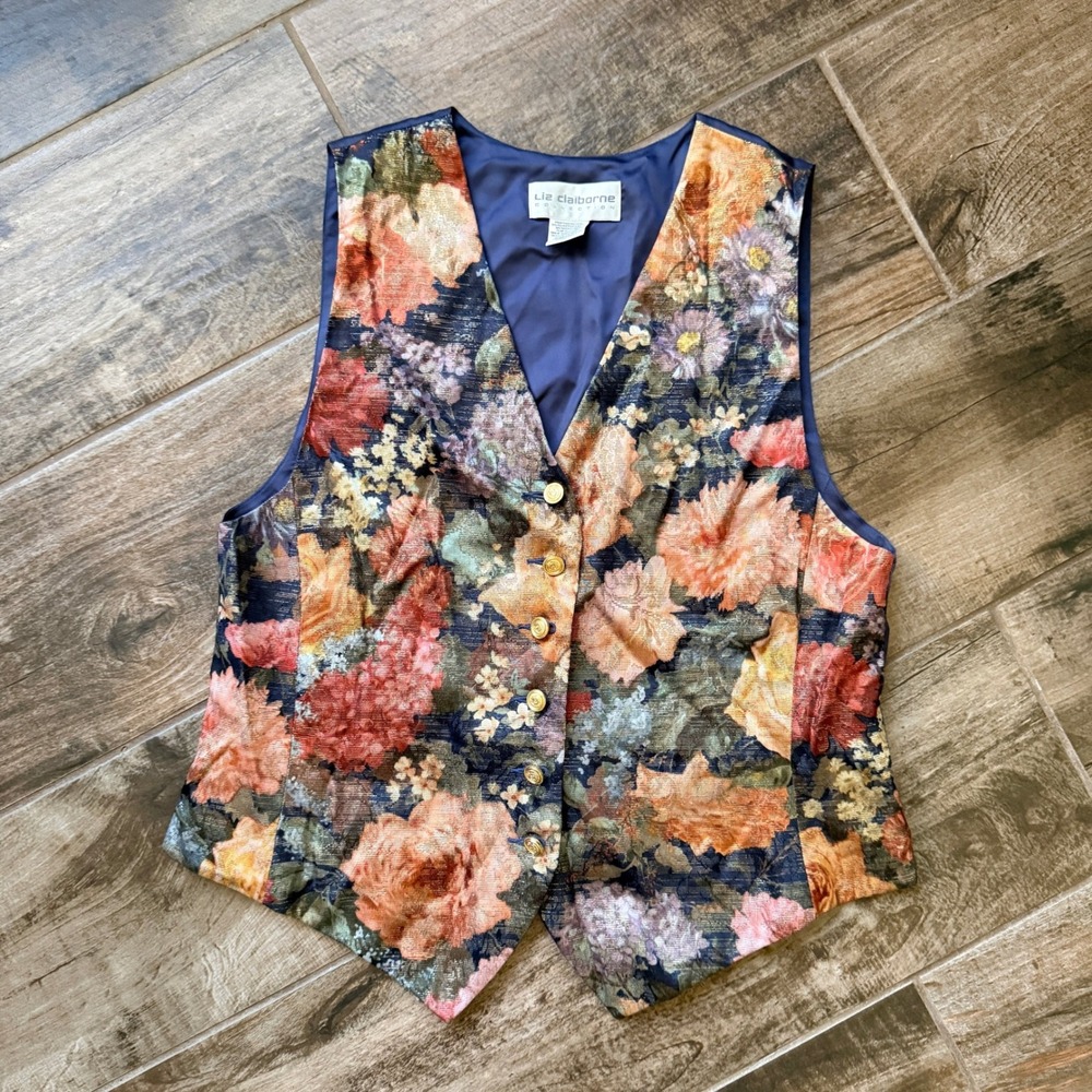 Liz Claiborne Vintage 90s Dark Academia Botanical Shimmer Tapestry Vest, Navy, M